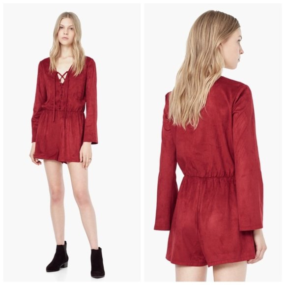 MANGO MNG Faux Suede Shorts Long Sleeve Romper Color Wine Red Size M EUC - Picture 1 of 3